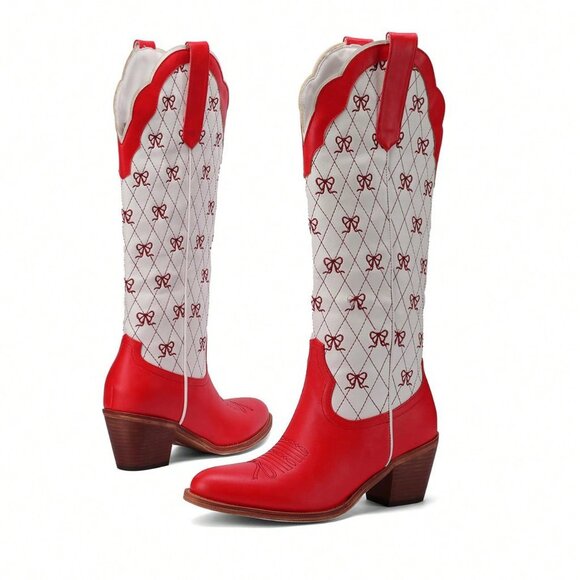 Red Chic Women's Knee High Cowboy Boots with Chunky Heel - Picture 3 of 5